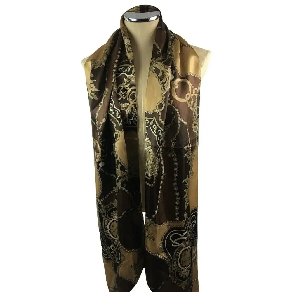 Size 1X Dennis by Dennis‎ Basso Scarf Brown Gold Classic Chain Print Satin
